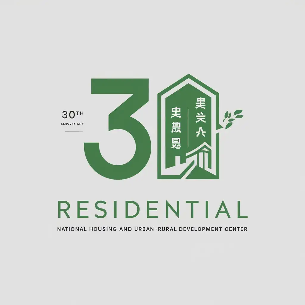 a vector logo design,with the text "residential", main symbol:30th anniversary National Housing and Urban-Rural Development Center Green carrying on,Minimalistic,be used in Construction industry,clear background