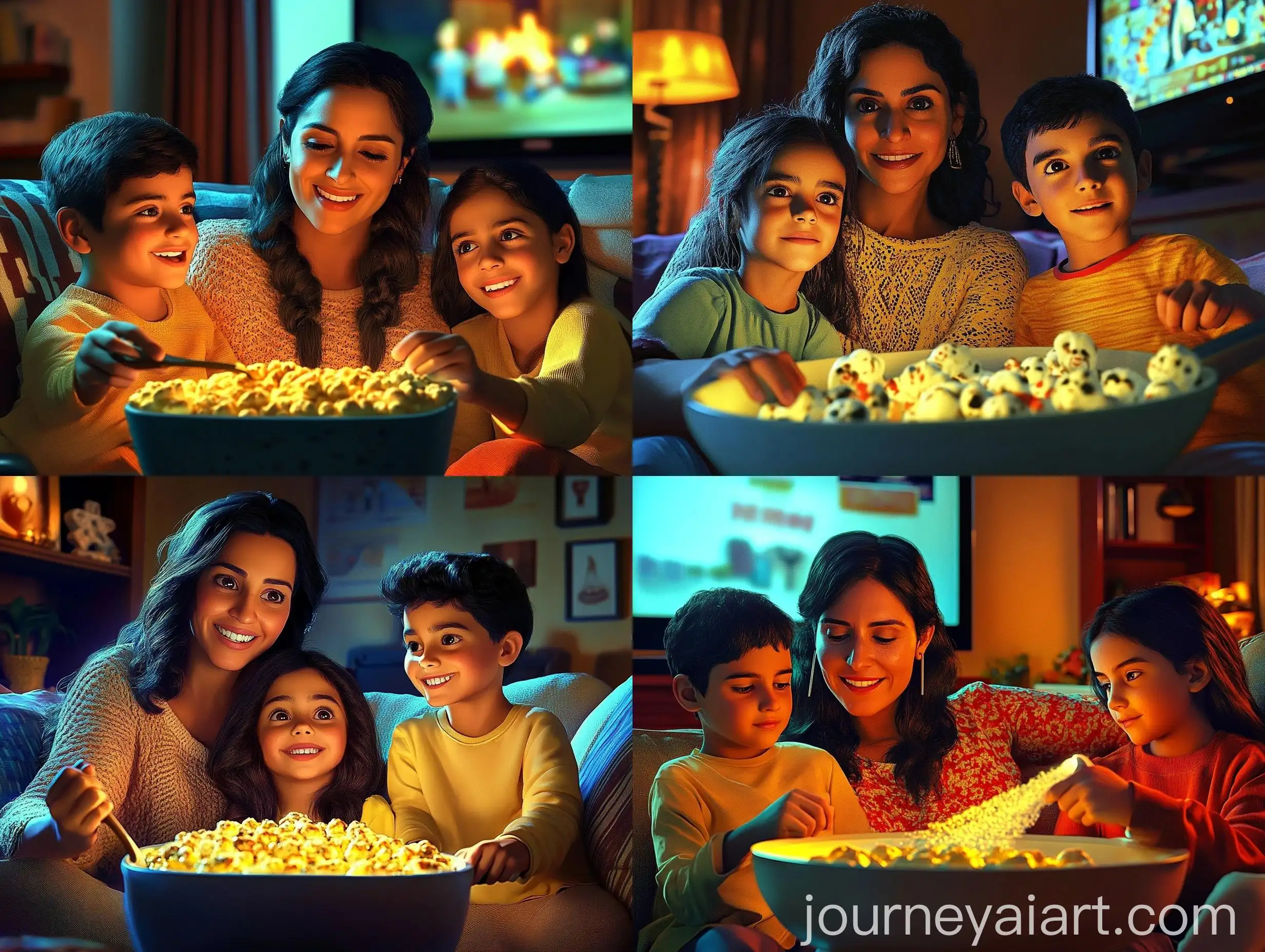 Cozy-Evening-Scene-Mexican-Mother-and-Children-Relaxing-by-TV