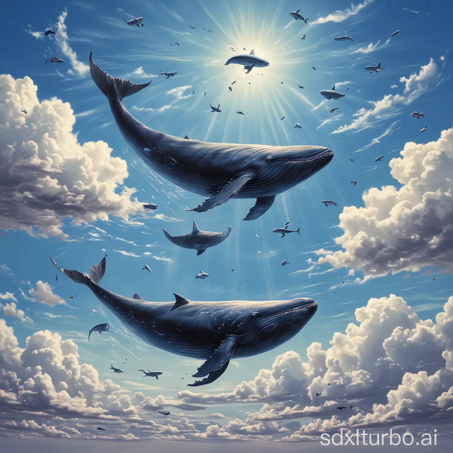 blue sky flying whales