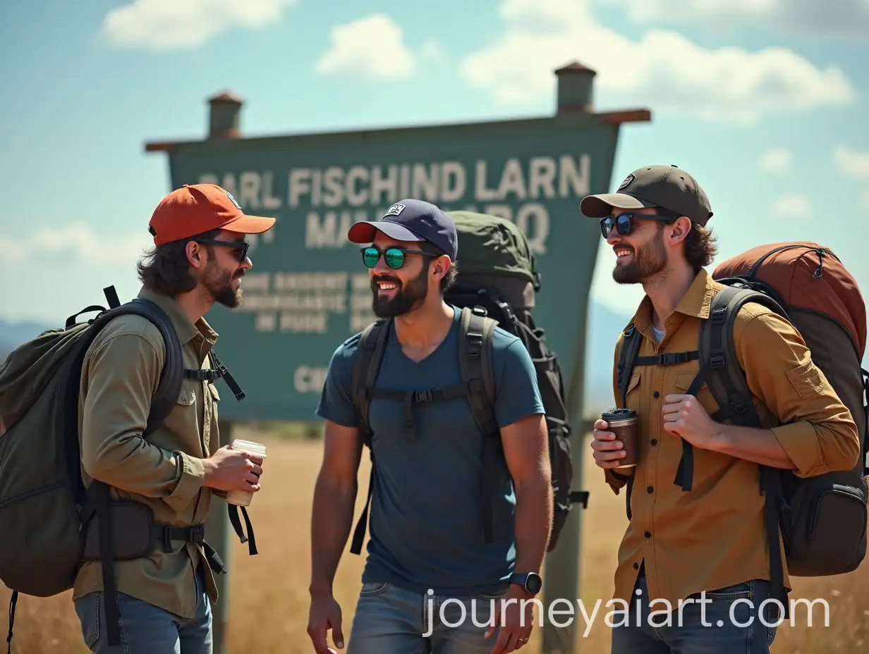 Group-of-Guys-Backpacking-in-Front-of-a-Signboard-on-Adventure-Trip