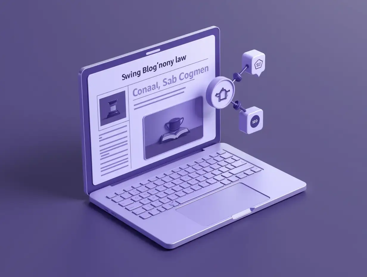A flatlay of a tablet or laptop screen showing blog articles about law and online presence, with floating blog icons and SEO graphics. All with soft violet and gray tones. Editorial yet futuristic look.