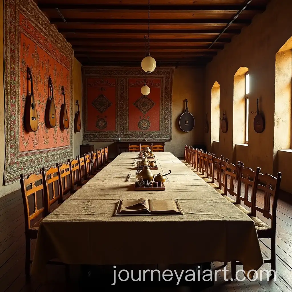 Panoramic-ViewAI-Art-Prompt-Expansion-of-Ancient-Azerbaijani-Dining-Room-with-Traditional-Carpets-and-Musical-Instruments