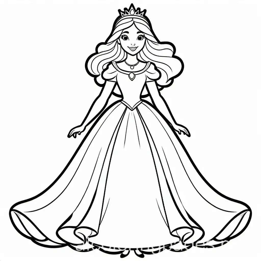 Princess-Coloring-Page-Black-and-White-Line-Art-on-White-Background