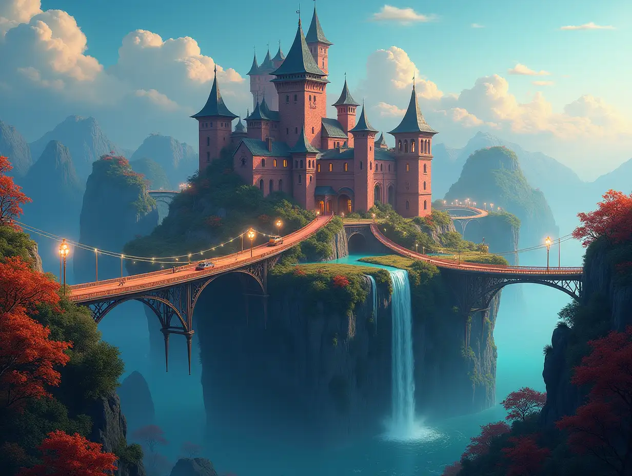 KI A Fantasy-style floating island world with castle with red towers beautiful lit streets, a suspension bridge with connections to the mainland with glowing lanterns and classic cars with shining headlights, colorful trees, waterfall, clear sky without clouds, panoramic image 