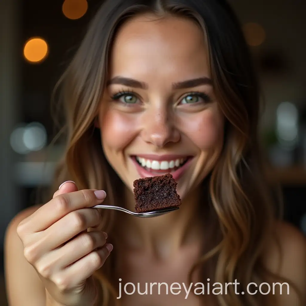 Woman-Smiling-with-Joy-While-Holding-Spoonful-of-Brownie-in-UltraRealistic-Food-Photography