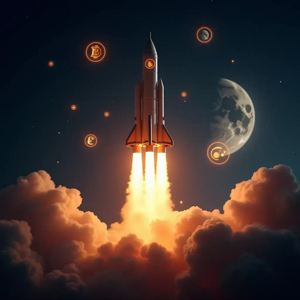 A futuristic rocket, adorned with glowing cryptocurrency symbols like Bitcoin, Ethereum, and Dogecoin, blasts off towards the moon in a dramatic, cinematic launch sequence captured in a high-quality, cinematic style. The rocket's fiery exhaust trails against the dark canvas of space, illuminating the surrounding cryptocurrency symbols in a spectacle of futuristic wonder. The image is composed with a wide-angle lens, capturing the immensity of the launch, and the moon, a radiant orb, is visible in the distance, a beacon of hope for a future where cryptocurrency fuels space exploration. The scene is rich in detail, with the rocket's intricate design and the glowing cryptocurrency symbols juxtaposed against the vastness of space, conveying the momentous potential of cryptocurrency and space travel.