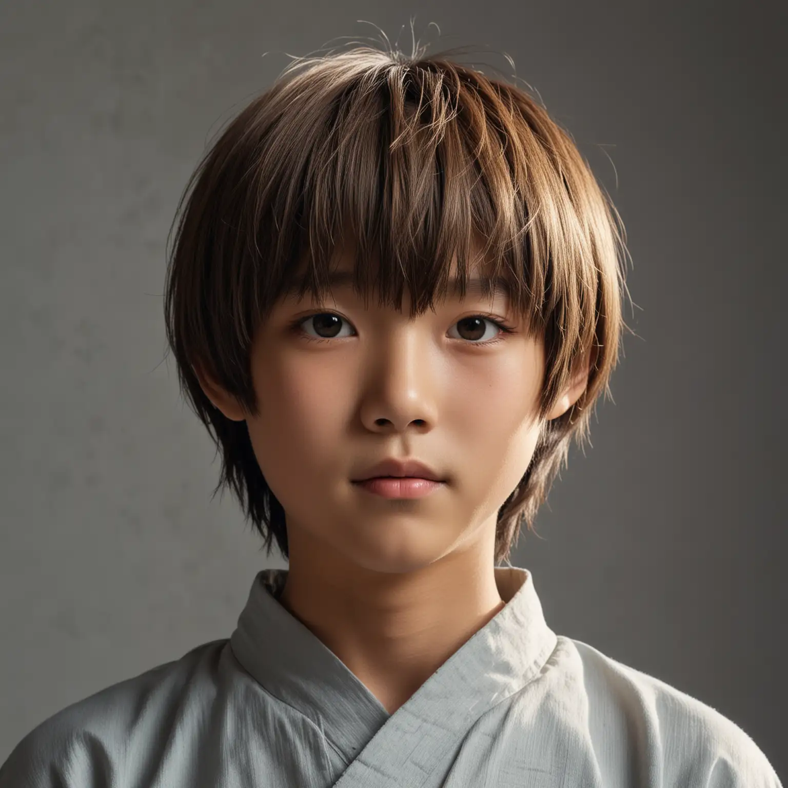 Hyper Realistic Studio Portrait of Japanese Boy with Shiny Bowl Cut