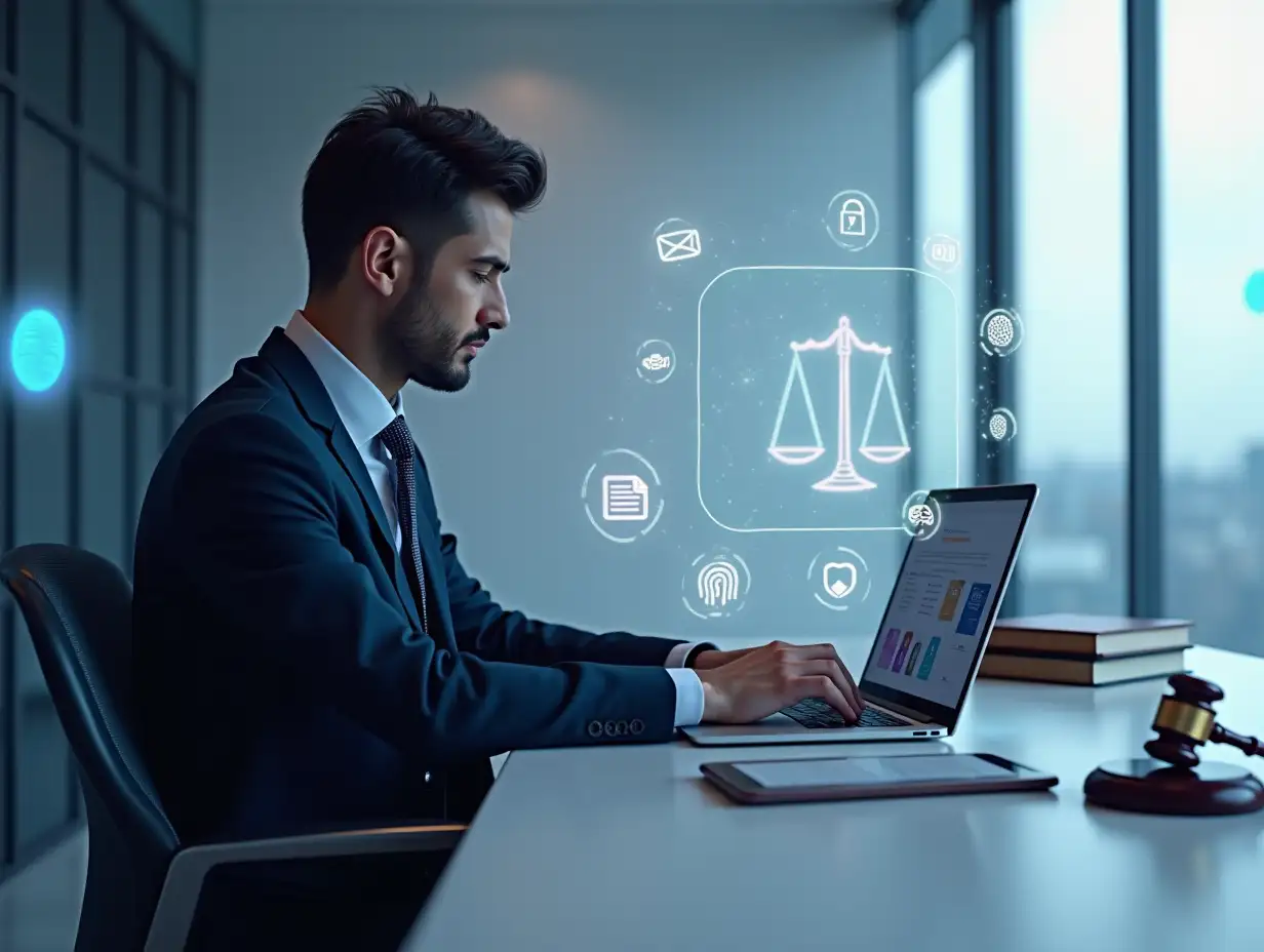 A **hyperrealistic** male lawyer sitting on the left side of the image at a modern digital desk, wearing a formal dark suit and tie, focused and working on a laptop. The laptop screen shows a professional law firm website. Around him, floating **photorealistic** semi-transparent digital icons: contact form, appointment calendar, message/chat icon, justice scale ⚖️, a pie chart and bar graph, glowing holographic folders, a fingerprint scan, digital contract document, and a secure padlock. On the desk are a smartphone, a tablet, a legal book, a glowing Persian-style law firm logo in deep purple-blue, connected by glowing lines to suggest interconnectivity. The background is a clean modern minimalist office or abstract digital space, with network and cloud symbols subtly floating in the sky to reflect an online presence. Strong use of legal elements like books, gavel, documents, and scales of justice, combined with tech elements like data charts, biometric icons, and digital UI. Color palette: deep indigo/purple-blue (matching the logo), white, light gold, cool bluish accents. **The ENTIRE right side of the image is clean, completely empty, and intentionally devoid of ANY elements. Maximize the blank space on the right for text or graphic additions.** The image should look like a **high-resolution photograph**, with realistic lighting and textures.