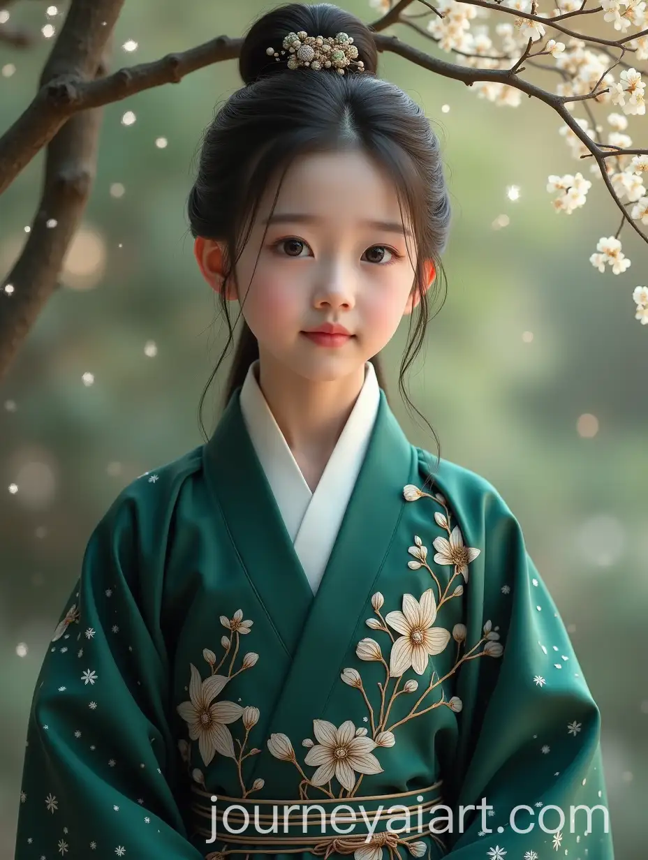 Korean-Girl-in-Dark-Green-Hanfu-with-White-Flowers-Surrounded-by-Sparkling-Trees