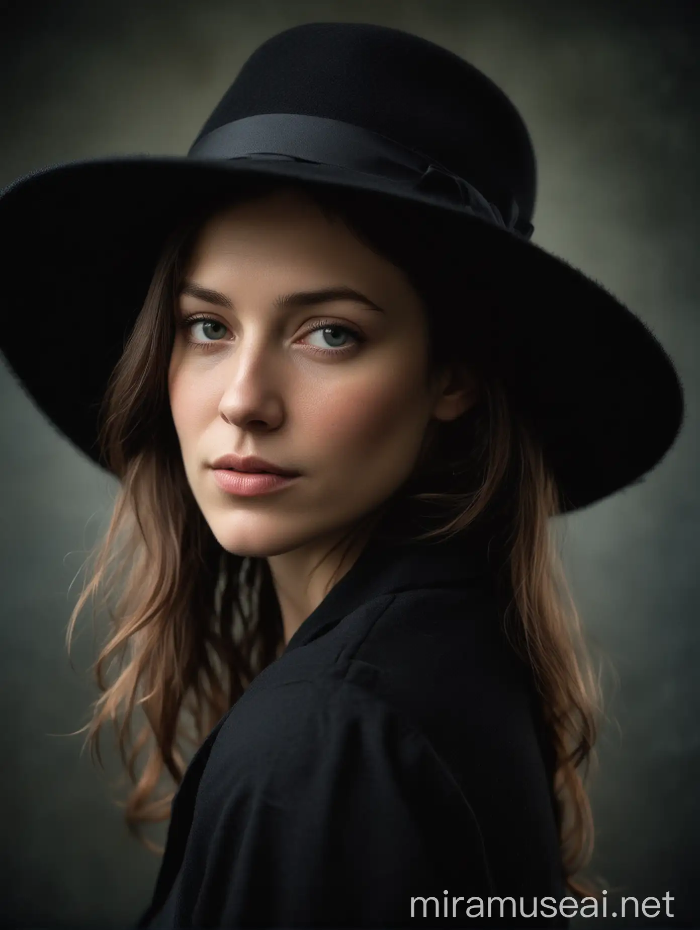 Intimate Portrait of Woman in Black Hat with Soft Lighting