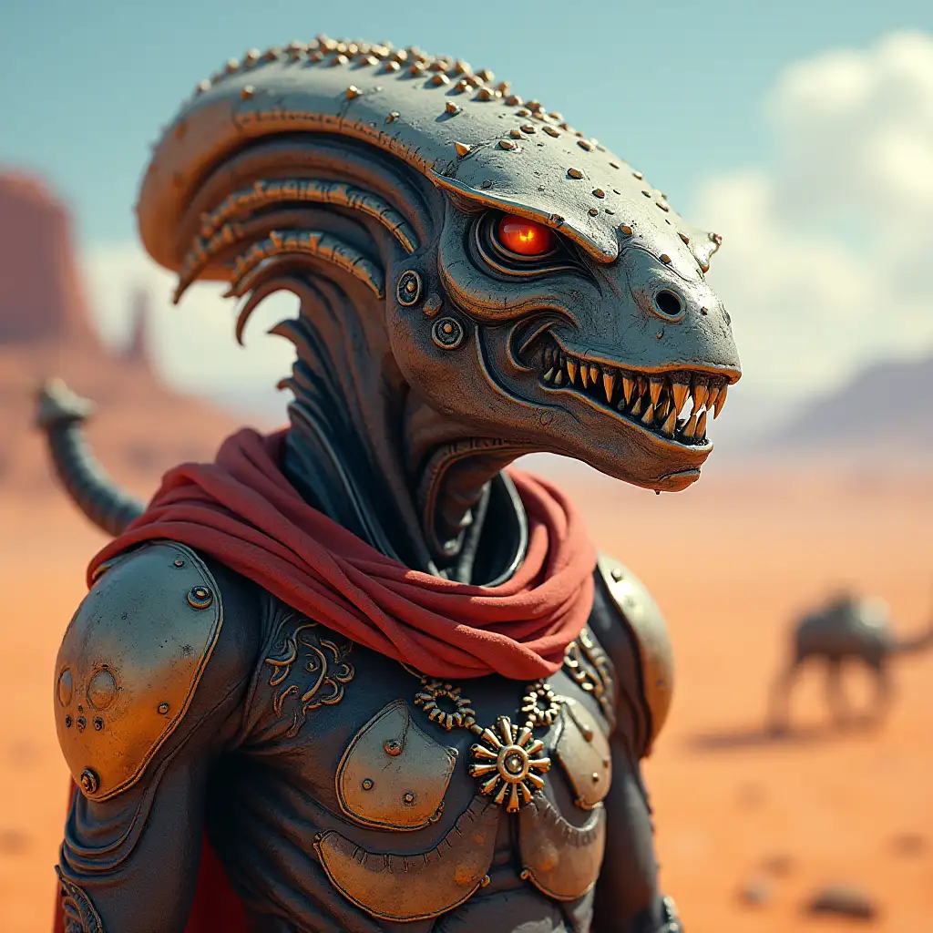 Hyperrealistic portrait of a gpanzerter metal alien king with sharp teeth in the intricately detailed, colorful desert planet background