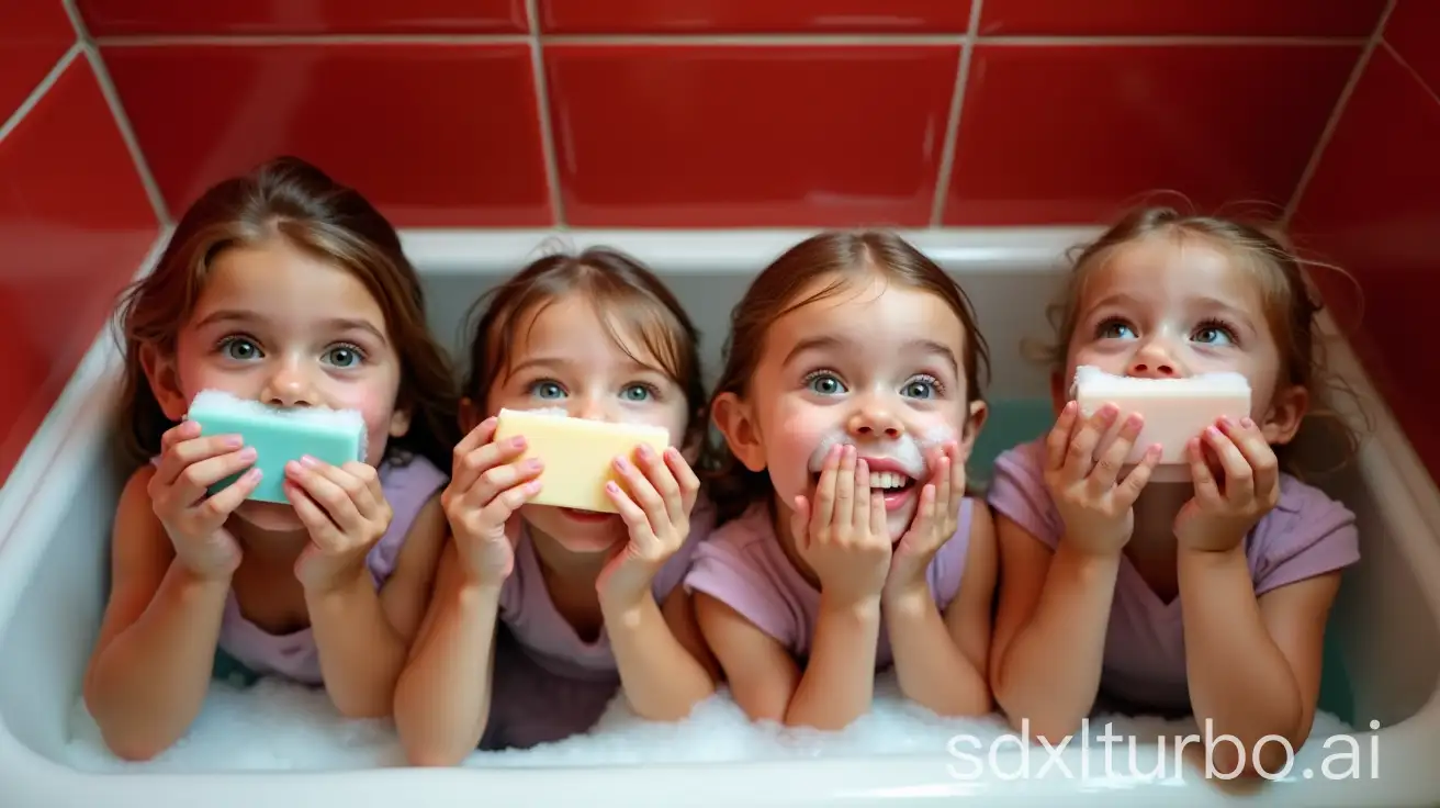 Preschool-Girls-in-Bathtub-Playfully-Washing-Mouth-with-Soap-Bars