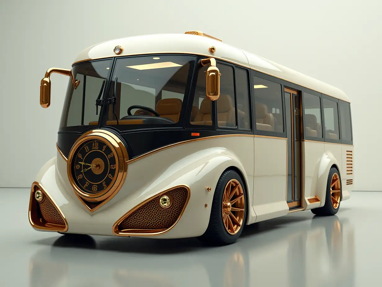 A super modern utopian sports bus with a clock, lowered body, 18-inch rims, aluminum wheels, cream silver gold, Cyberpunk.