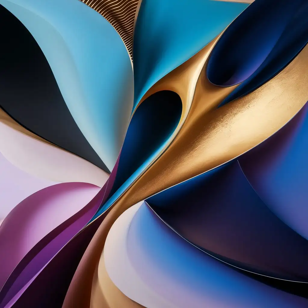 
"Create a stunning abstract design with vibrant colors, smooth gradients, and fluid shapes. The composition should be dynamic and visually engaging, featuring a mix of geometric patterns and organic forms. Use a blend of blue, purple, and gold tones to create a sense of depth and motion. The design should evoke a sense of modernity and elegance, suitable for a contemporary art piece or a stylish background."
