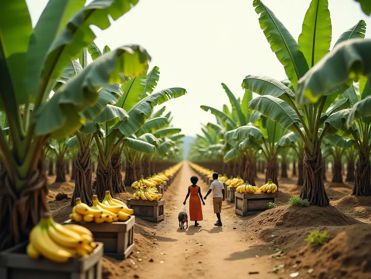 A beautiful little village with a banana plantation with tiny people with crates full of bananas Quite large - real photo Triple exposure Concept of something Nice Photo