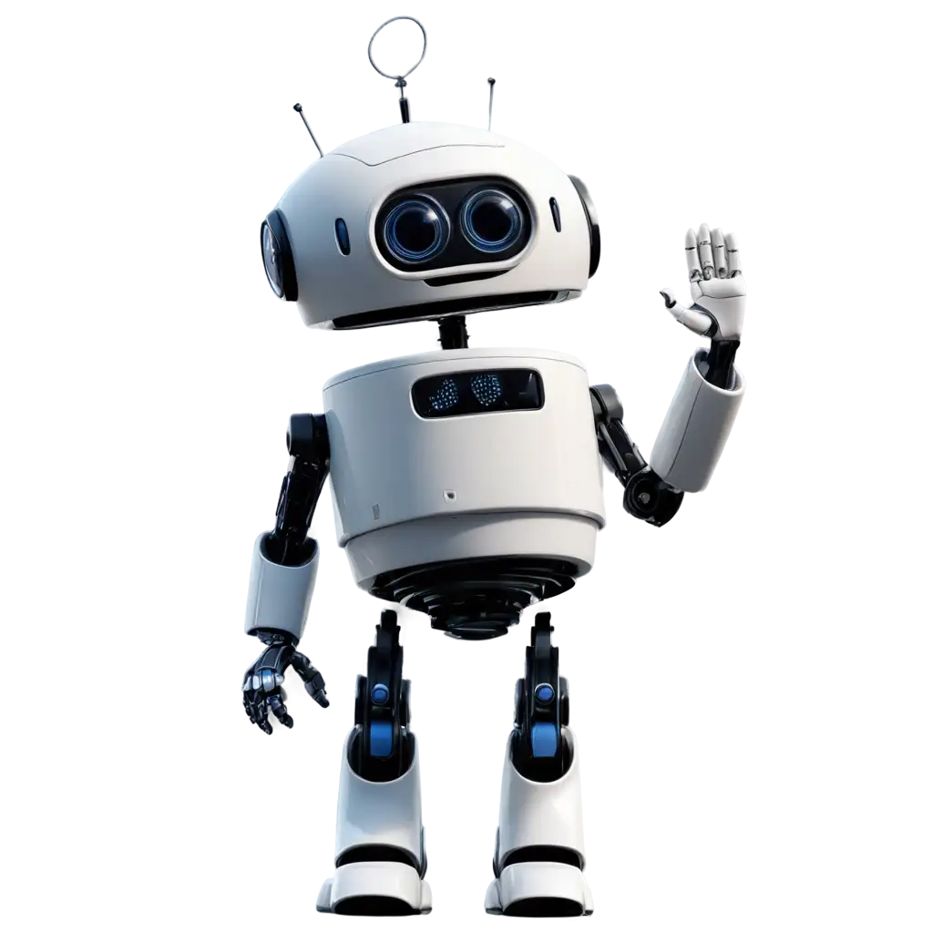 a robot with a computer head in the style of Pixar waving