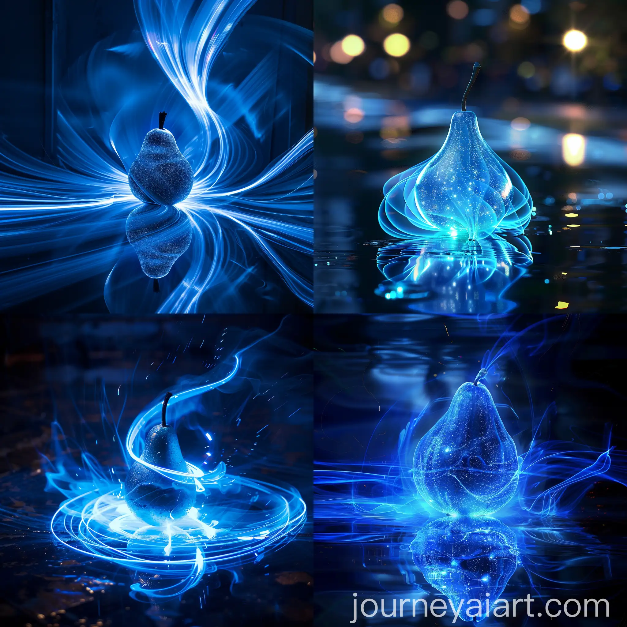 Futuristic-Glowing-Blue-Pear-with-Dynamic-Light-Trails-on-Reflective-Surface