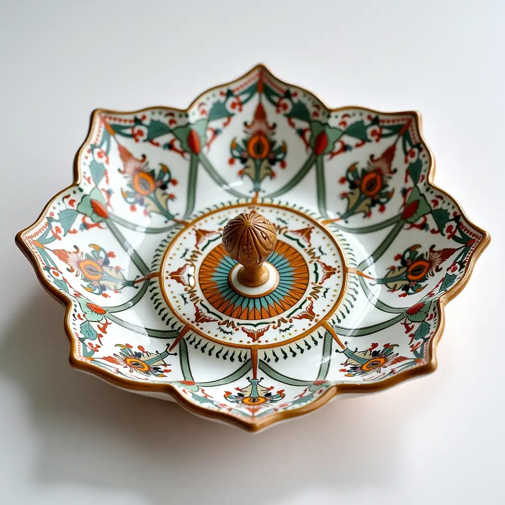 Four-piece ardour ceramic serving dish in the shape of a four-petaled flower with embossed beautiful Ceramic handle, Underglaze painting on white body, Fine art, Hyper detailed, Antique and old, Qajar art, Iranian Tabriz carpet design