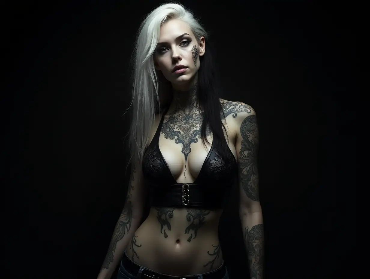 depiction of a beautiful white woman with death tattoos and long mixed white with black hair in a futuristic style and black background showing full body