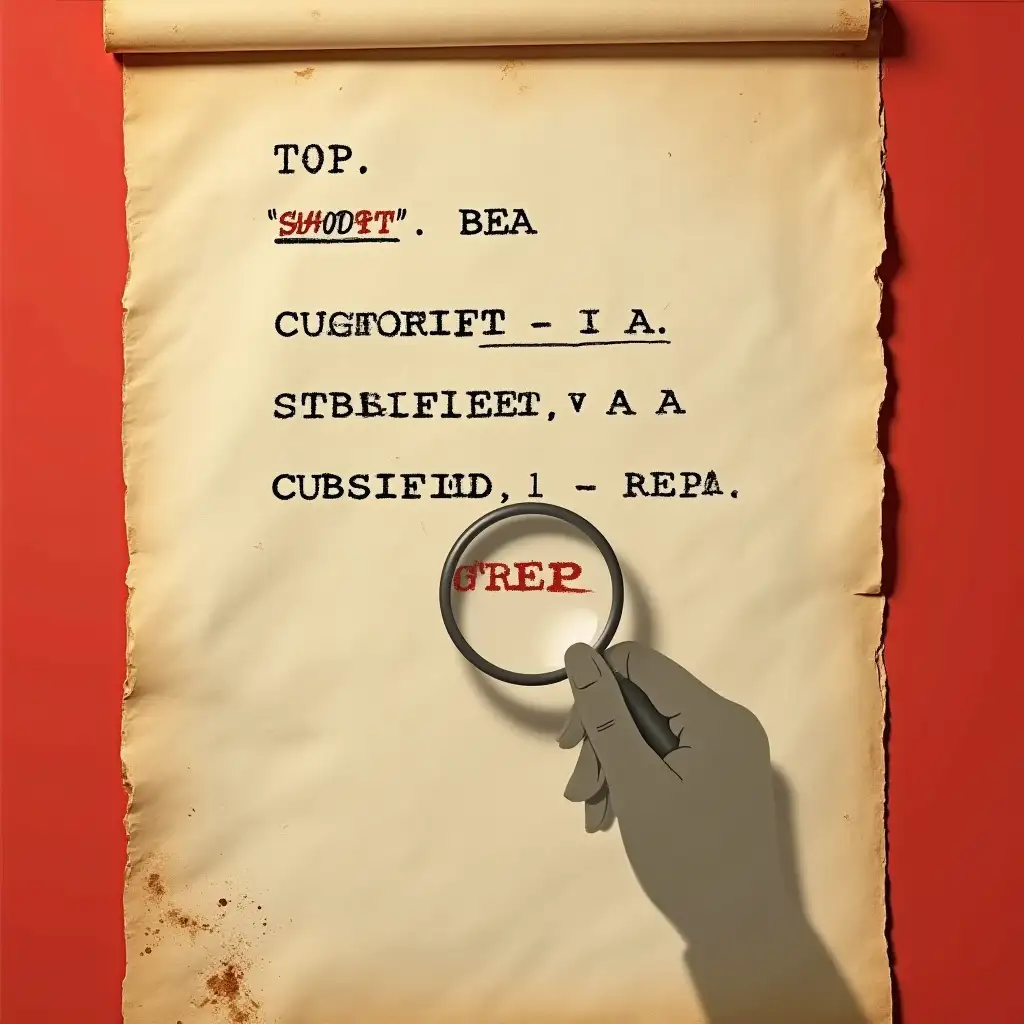 Declassified document with text 'TOP / SHORT / BEA / CLASSIFIED / CUBSIFIED (red) / TREP', add handwritten Persian note 'سند اصلاح شده توسط وزارت دربار', coffee stains, 1950s typewriter font, shadow of a hand holding a magnifying glass over 'CUBSIFIED', ultra-realistic 8K --ar 16:9 --v 6 red background