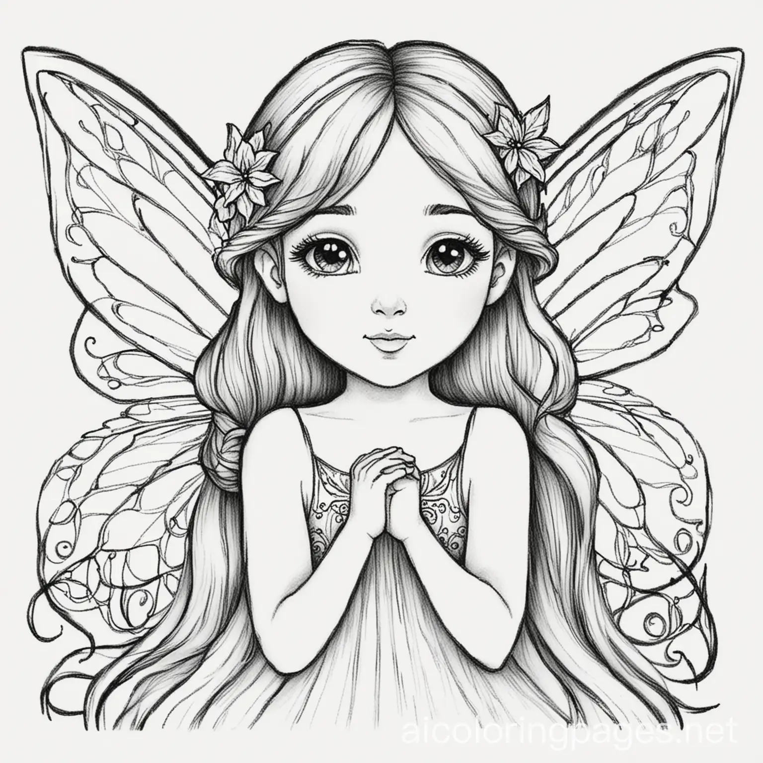 Fairy, Coloring Page, black and white, line art, white background, Simplicity, Ample White Space. The background of the coloring page is plain white to make it easy for young children to color within the lines. The outlines of all the subjects are easy to distinguish, making it simple for kids to color without too much difficulty