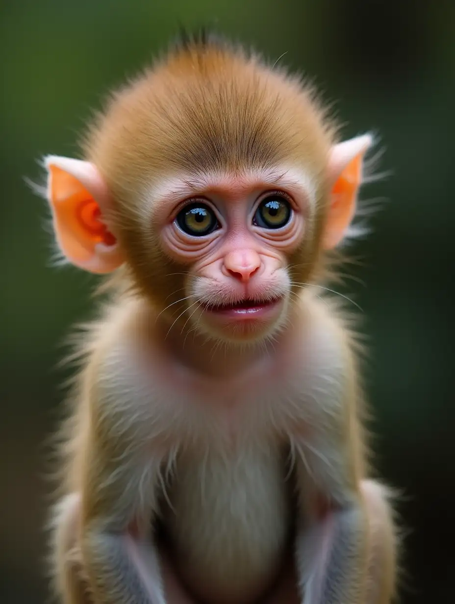 An incredibly beautiful and cute baby brown monkey, looking a little sad and looking at the camera.