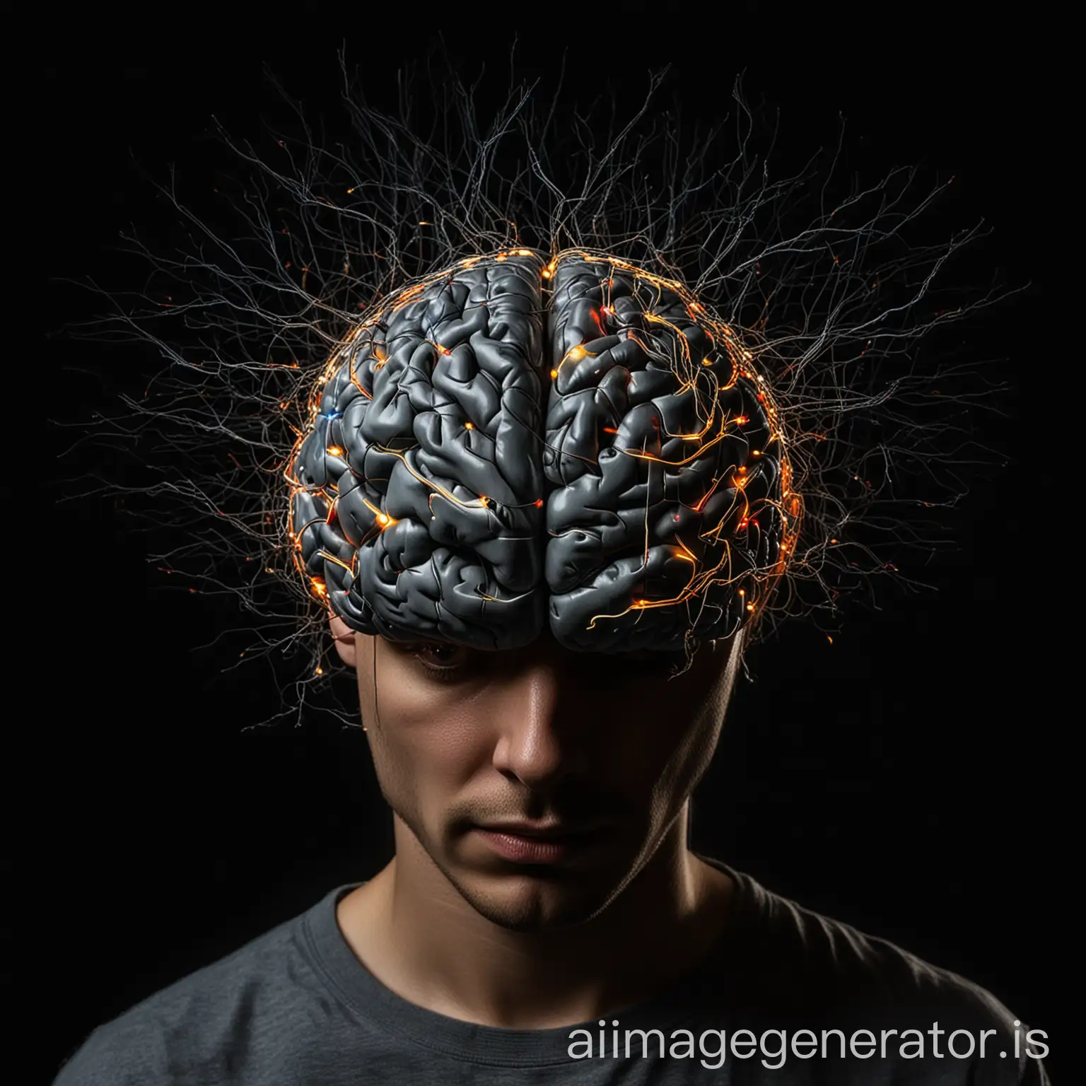 person with an illuminated brain with a black background