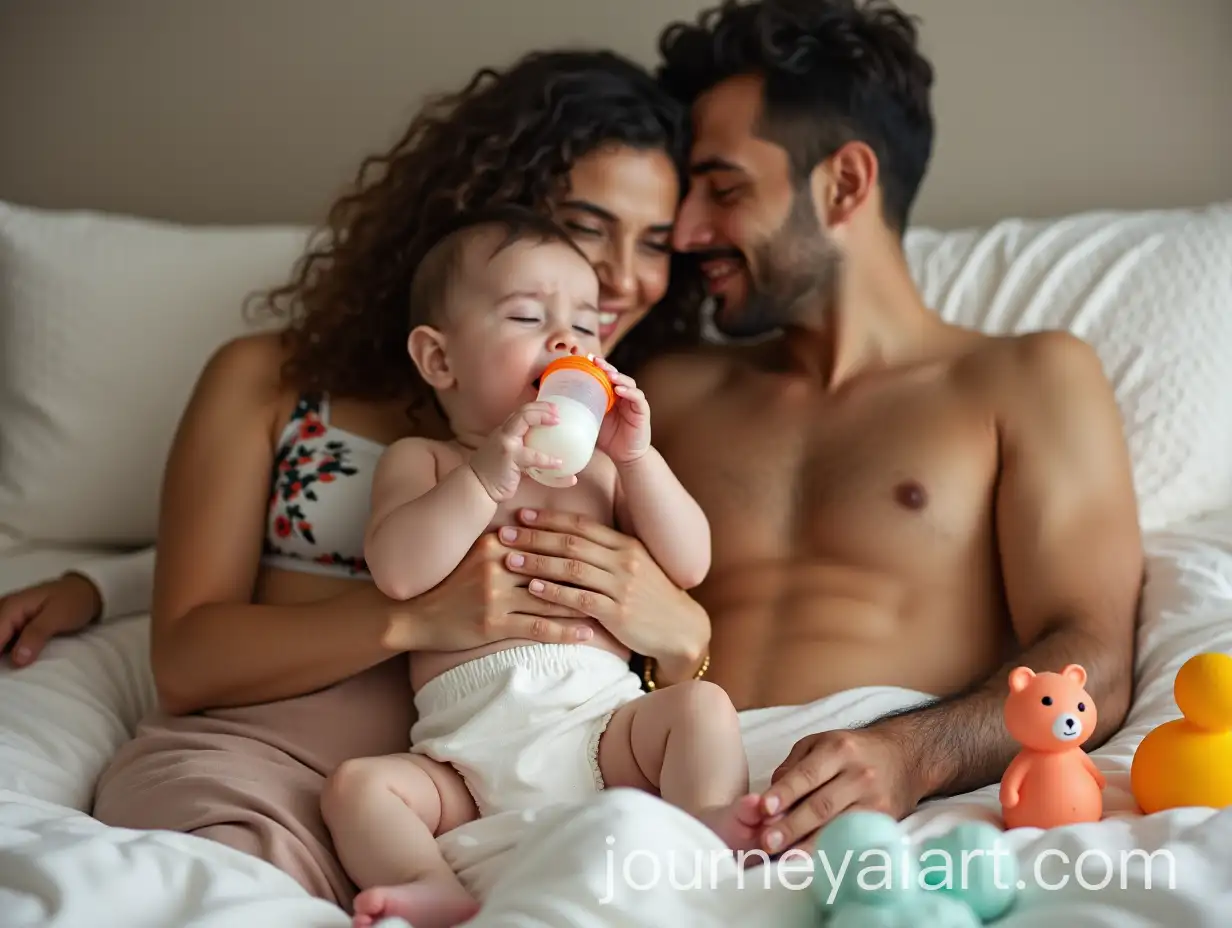 Young-Iranian-Family-in-Bedroom-with-Baby-Boy-Drinking-Formula
