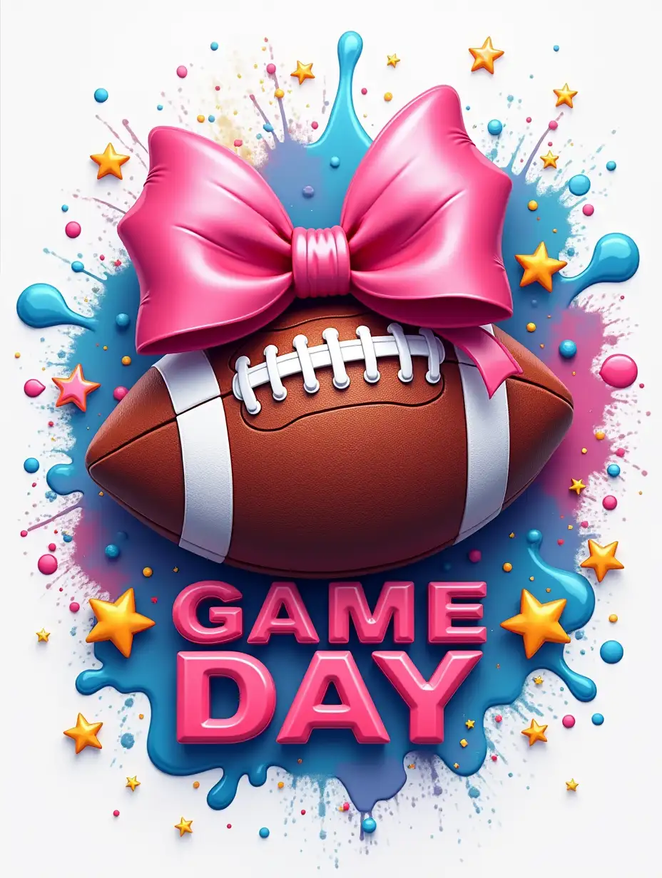 Vector, 3D Inflated Art. A football adorned with a pink bow sits amidst a splash of colorful paint. The words 'GAME DAY' are written in bold, festive lettering around the football. Stars and sparkles add to the vibrant atmosphere. The image should have a playful, feminine aesthetic with contrasting colors and detailed textures. Elements such as the stitches on the football, the texture of the bow, and the sparkles on the background should be clearly visible.