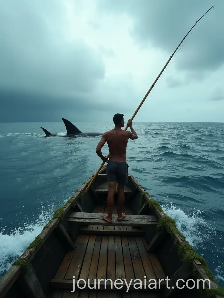 Fisherman-on-Wooden-Boat-Pointing-Bamboo-Spear-at-Shark-in-Dark-Waters