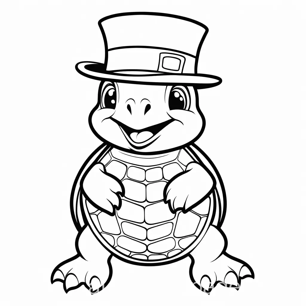 cartoon turtle, wearing a tophat, Coloring Page, black and white, line art, white background, Simplicity, Ample White Space. The background of the coloring page is plain white to make it easy for young children to color within the lines. The outlines of all the subjects are easy to distinguish, making it simple for kids to color without too much difficulty