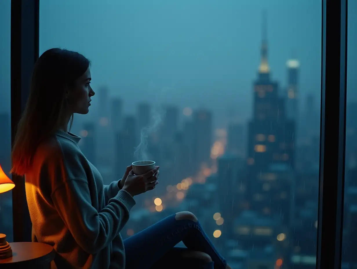 a gigantic window overlooking a massive city, it's dusk a young caucasian woman, is sitting on the edge of the window staring out, a small lamp with orange tungsten light lights her face, she is holding a cup that steam is coming out of in her hands, she is staring outside the window, soft blue light enters through the window, ((raining))