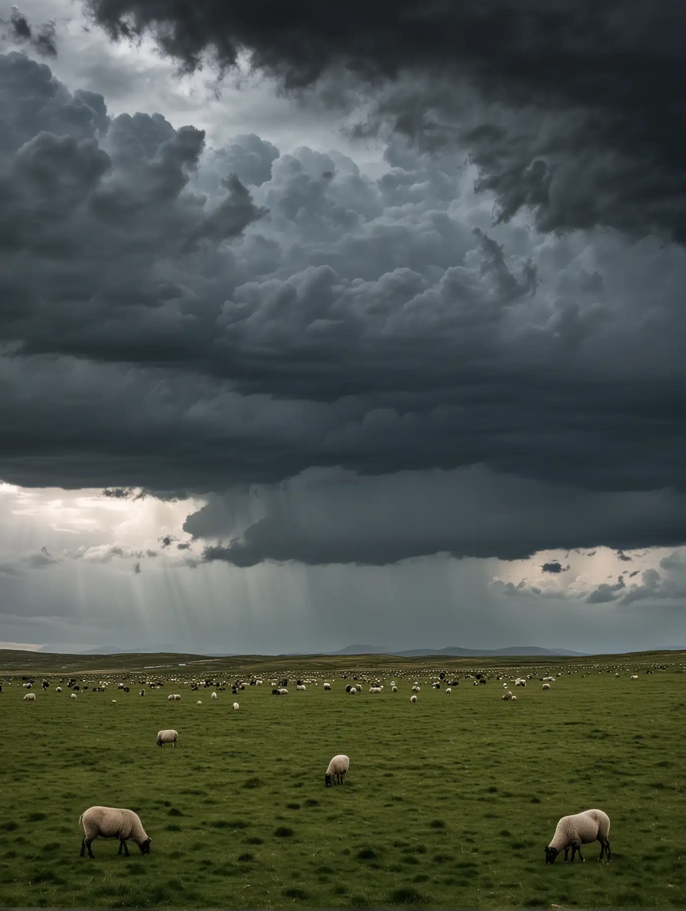 The sky was full of dark clouds, and behind those clouds were many galaxies. Below was a vast expanse of grassland, and in the distance a flock of grazing sheep