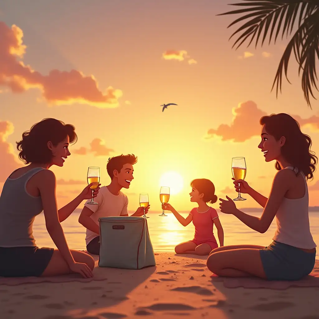 Create an animated image that illustrates the emotional impact of a solar-powered cooling bag, emphasizing the joy of perfect cold drinks in memorable moments. Visualize a sunset scene with friends laughing and enjoying chilled drinks, a family on the beach savoring refreshing beverages, and someone relaxing after a long day with a cool drink in hand. The cooling bag should be shown in action, ensuring drinks stay cold and the moments stay special. The atmosphere should feel warm, joyful, and full of life, highlighting the reliability and refreshment it provides