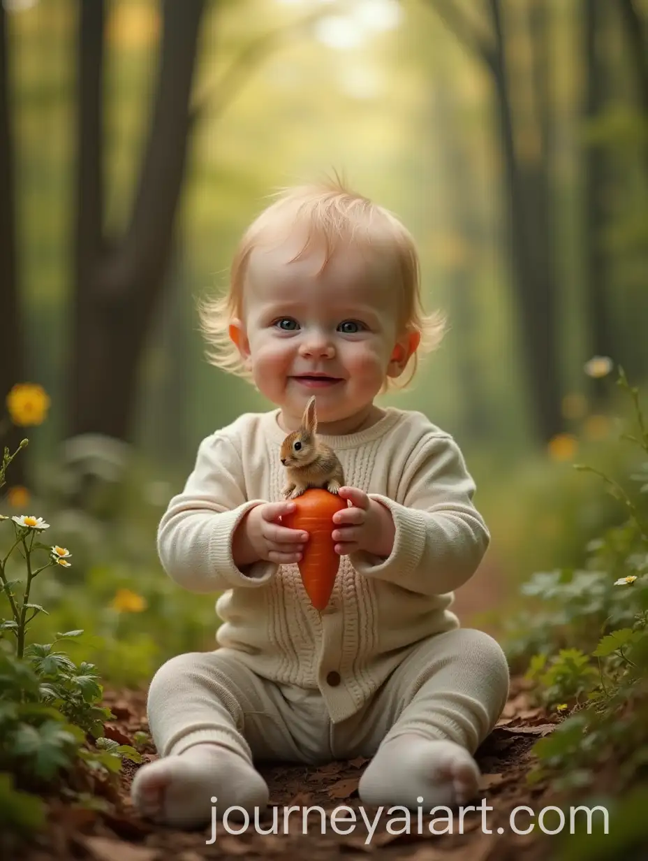 Newborn-Child-Holding-Carrot-with-Tiny-Rabbit-in-the-Woods