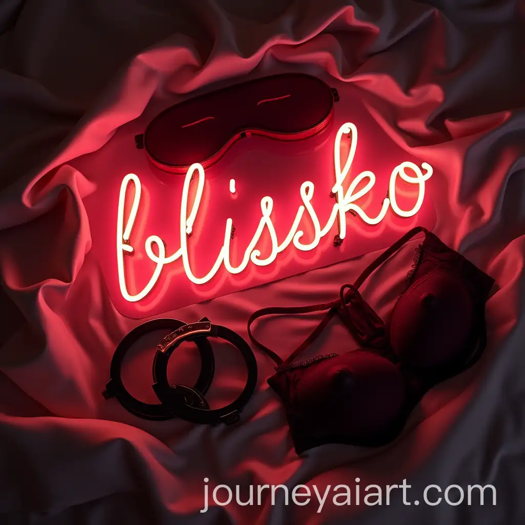 Neon-BlisskoAI-Image-Prompt-Expansion-Sign-on-Crumpled-Silk-Sheet-with-Sleep-Mask-Tenga-Egg-Lingerie-and-Handcuffs