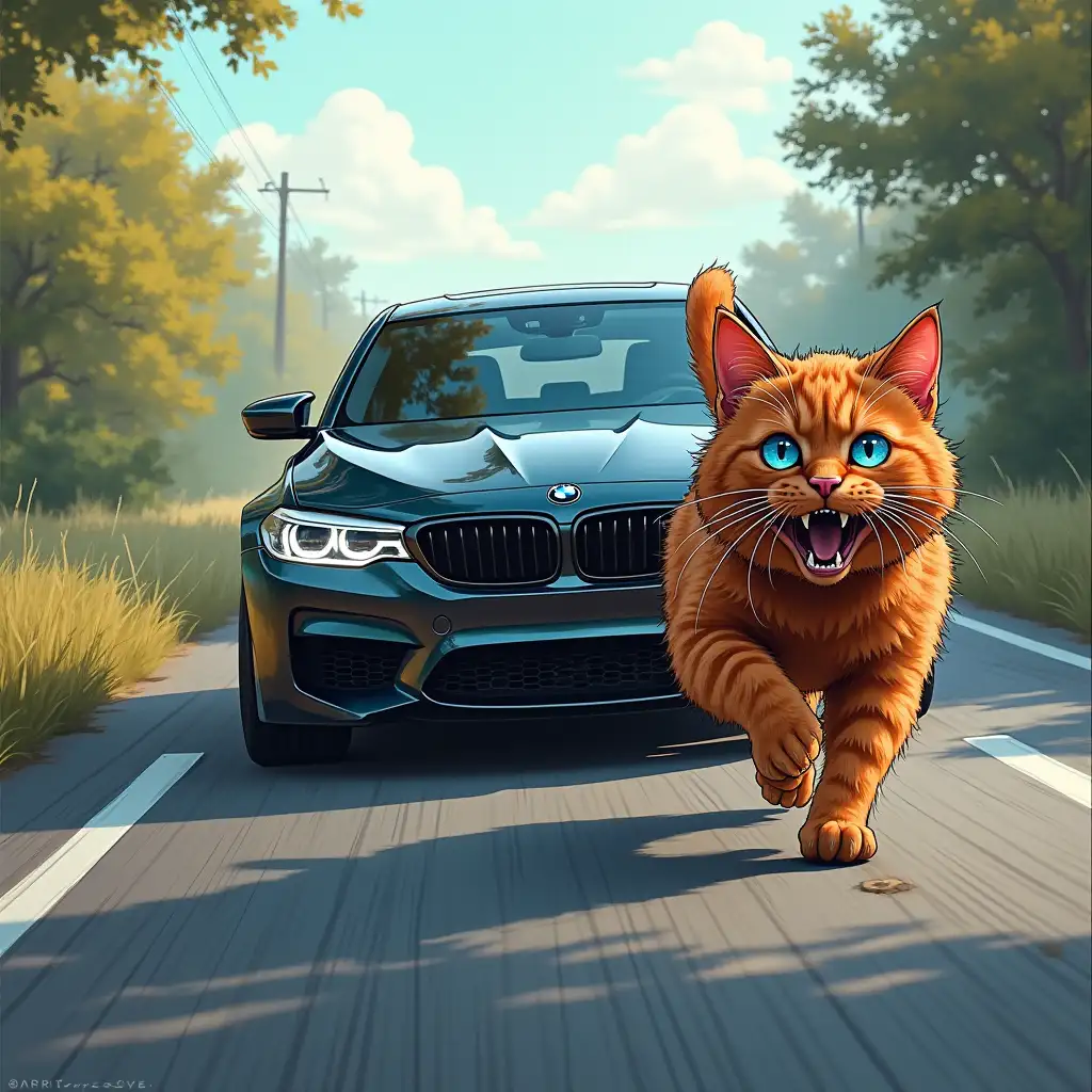 tinted windows, black BMW M5 chasing a shaggy red cat, who is running away in fear along the road, with blue eyes, comic