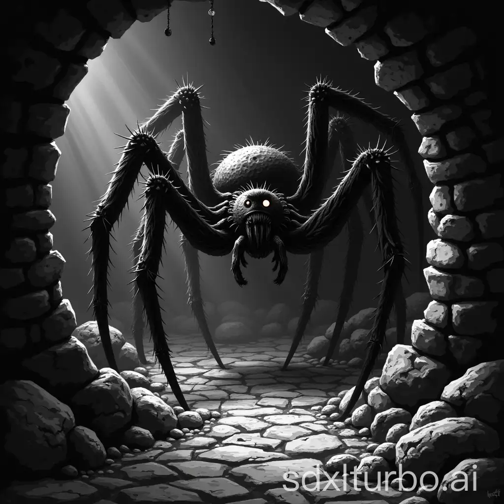 Giant-Spider-in-Dark-Dungeon-Crypt-1bit-Black-and-White-Retro-1977-Style