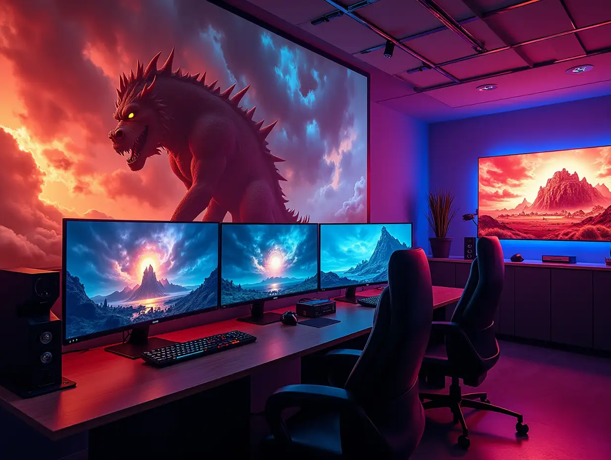 see a large gaming room with three monitors gaming table a statue of the attack on titan monster 180 degree shots 8K resolution colorful