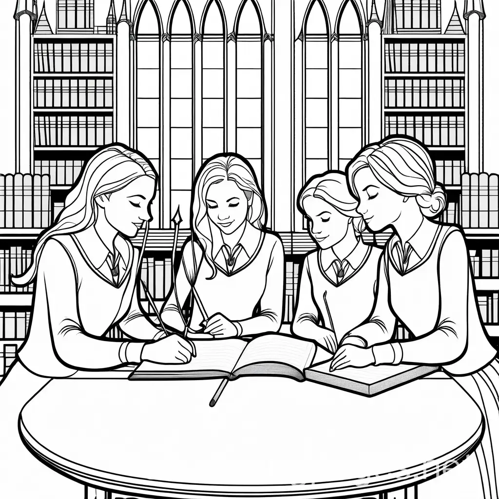 Four-Female-Friends-at-Hogwarts-Studying-with-Wands-Coloring-Page