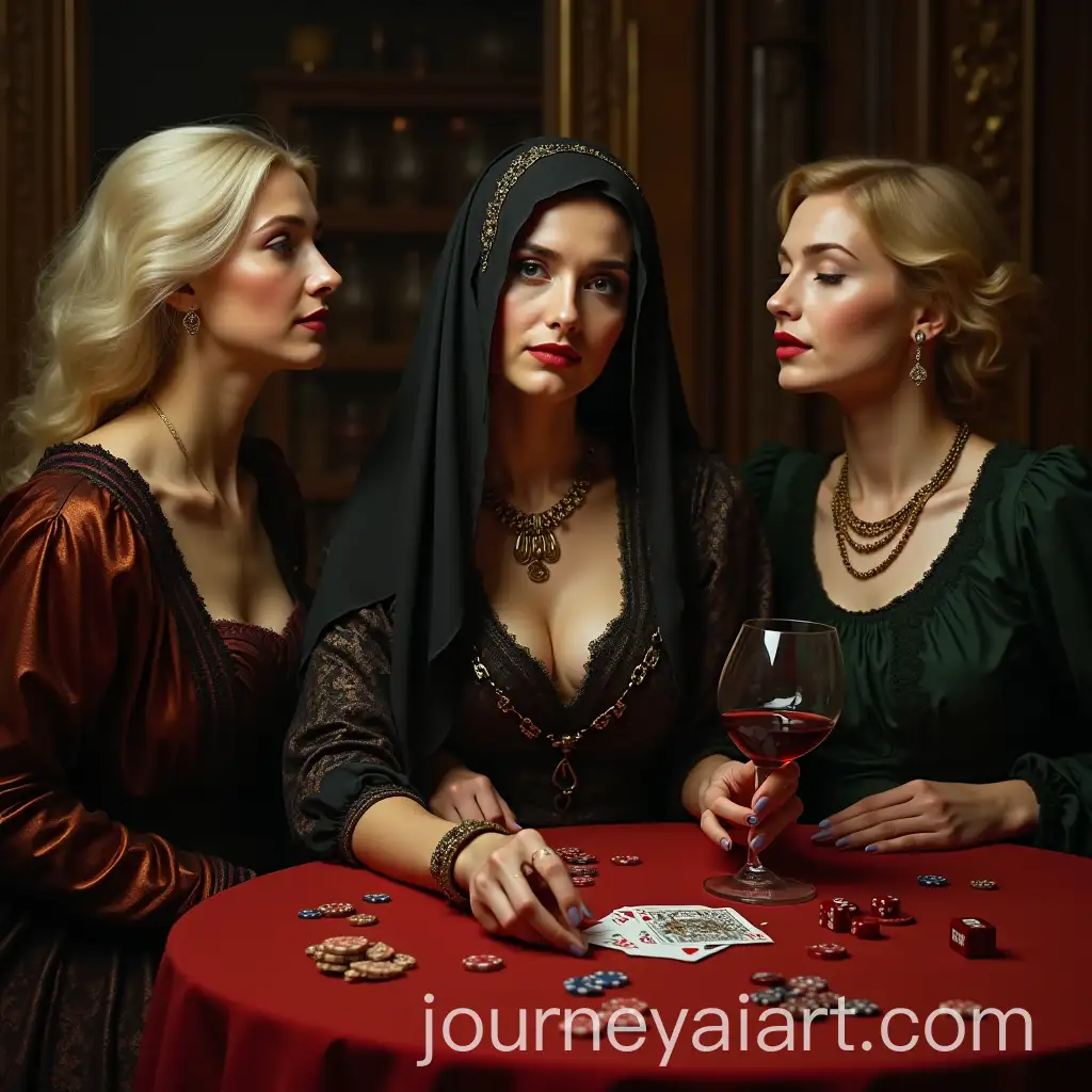 Arabian-Madame-Drinking-WineAI-Art-Prompt-Expansion-and-Playing-Gambling-Cards-with-Two-Grannies-in-a-Renaissance-Bar