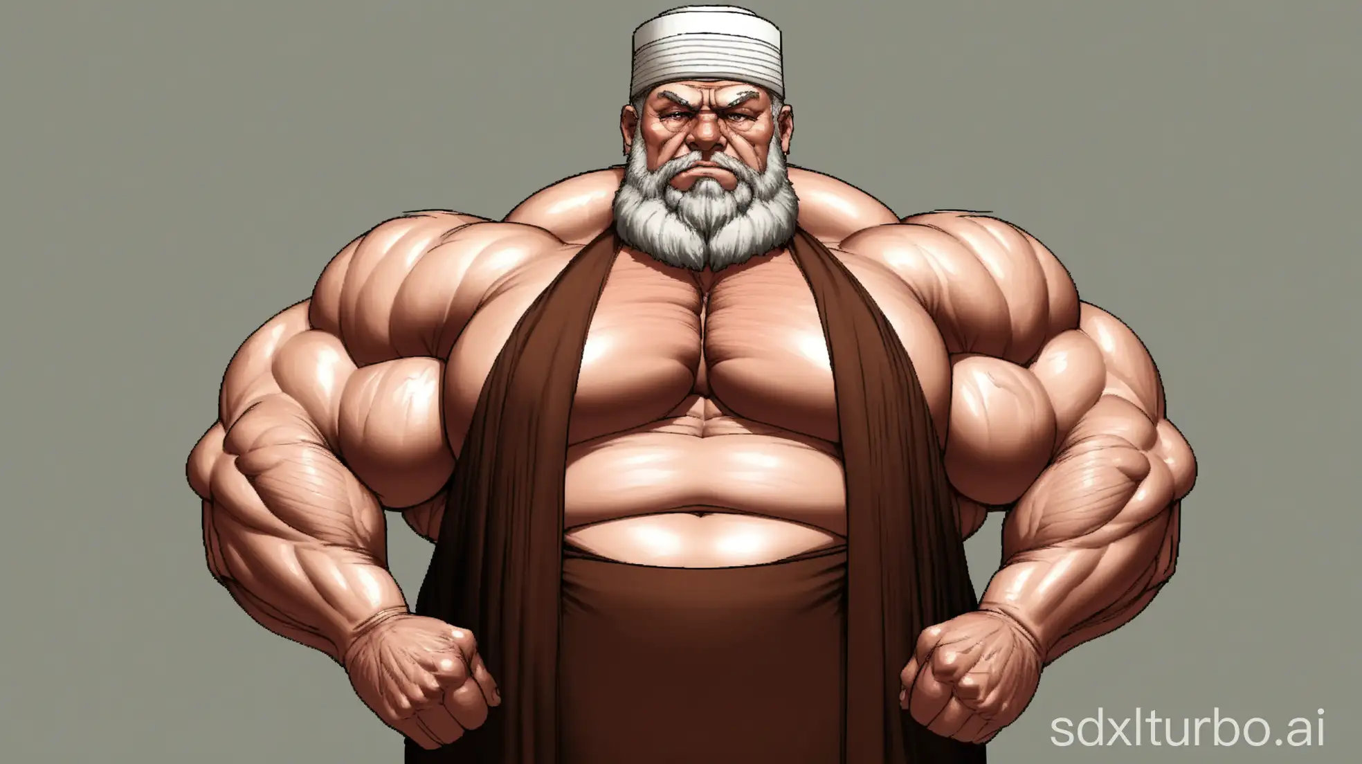 giant muscle old man In Islamic clothes. very masstf muscle. very fat.