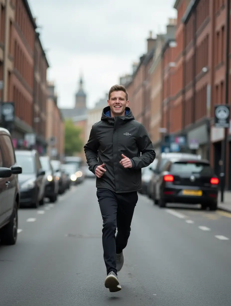 Young white man running down a city street in the United Kingdom