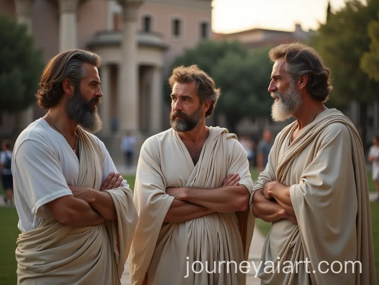 Three-MiddleAged-Men-in-Stoic-Toga-Discussing-in-Greek-Garden-at-Dusk