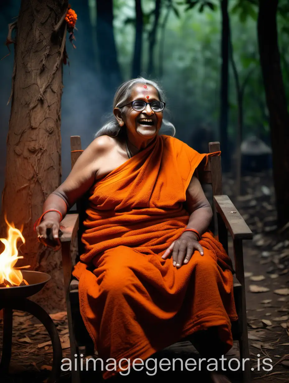 Elderly-Hindu-Woman-Monk-Laughing-with-Goat-by-Nighttime-Forest-Fire