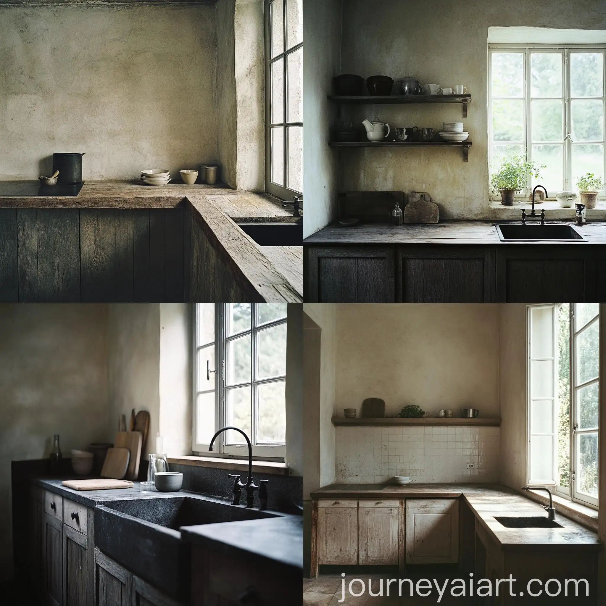 Wabisabi-Style-Kitchen-Interior-with-Natural-Aged-Wood-Counters-and-Dark-Stone-Sink