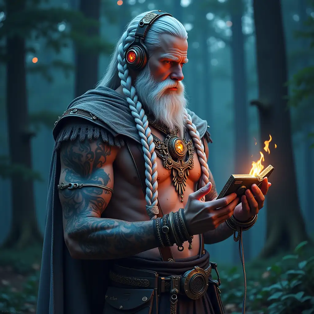 user_prompt: Hyperrealistic depiction of a beautiful white Viking man with tattoo, futuristic headphones, long hair-braids holding a walkman in his hand, trees with intricately detailed, colorful and futuristic jewelry. Night lit background Full body