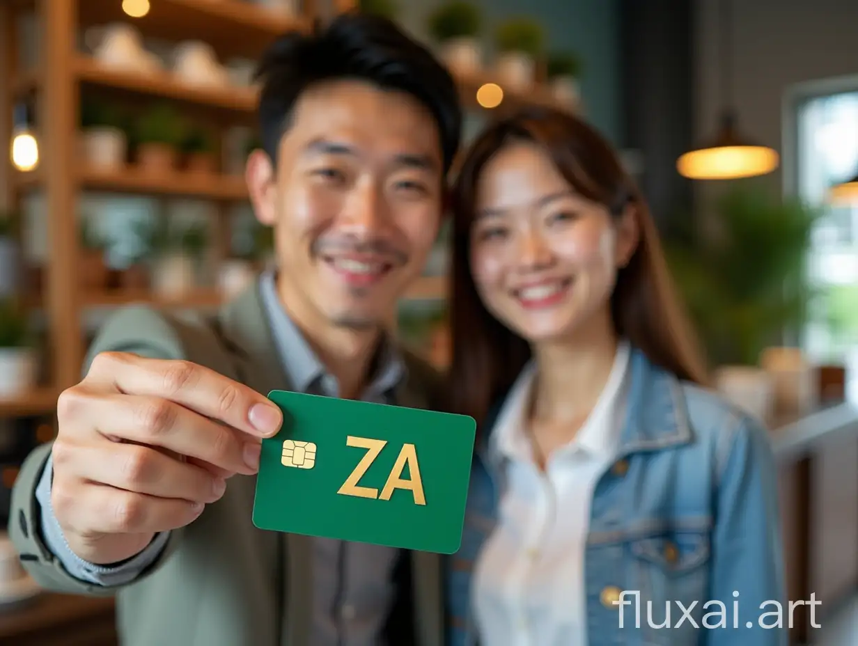 26-year-old Ah Jun, a graduate of the University of Hong Kong, successfully opened an innovative tea shop in Central Hong Kong with the help of ZA BANK. He and the loan manager of ZA BANK are taking a photo together in front of the tea shop, very happy. He is showing his ZA credit card, this one is all green, golden letters on it, with 'ZA' two characters on it.