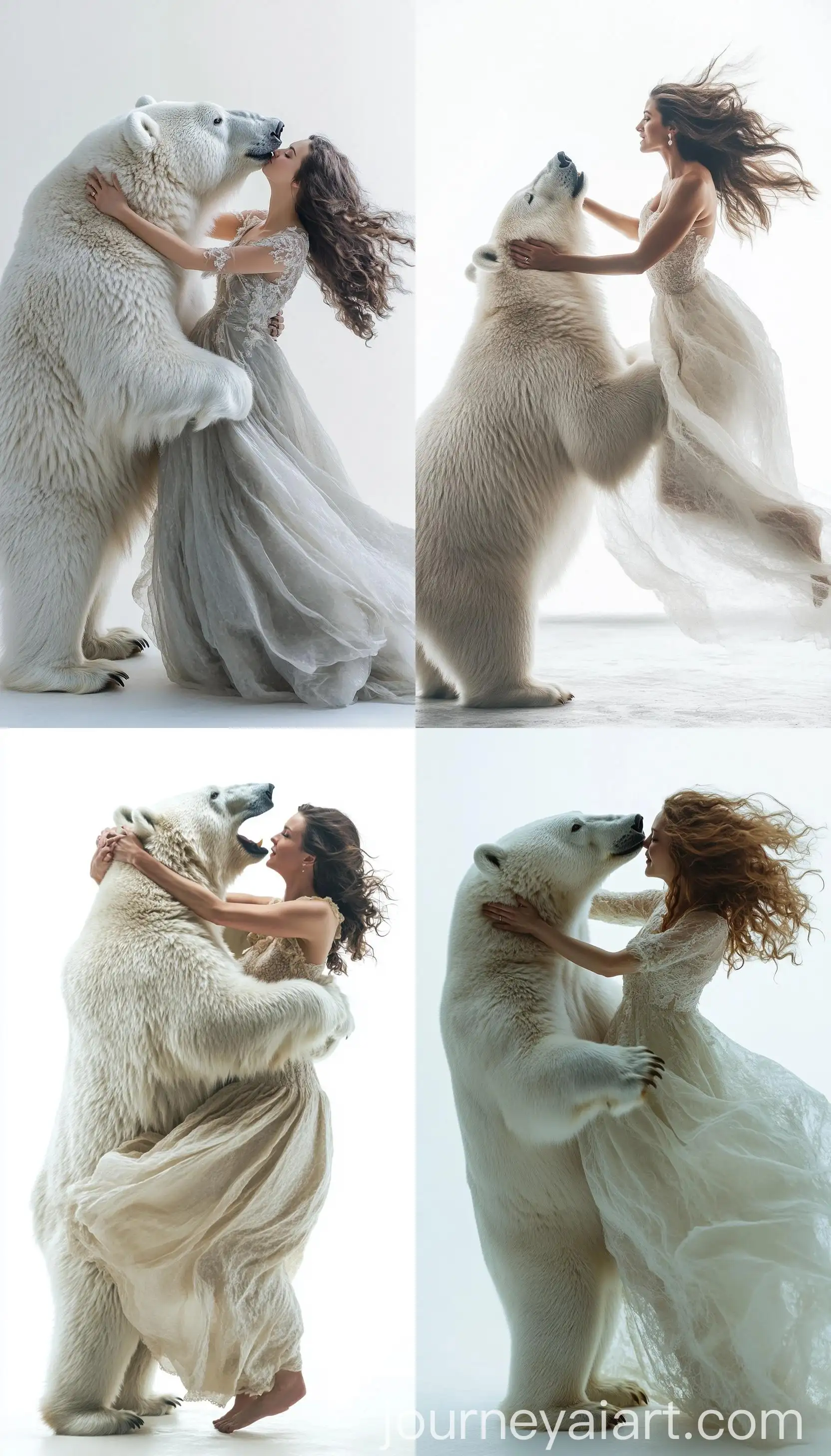Magazine-Cover-Woman-in-Long-Dress-Jumping-with-Polar-Bear-White-Background