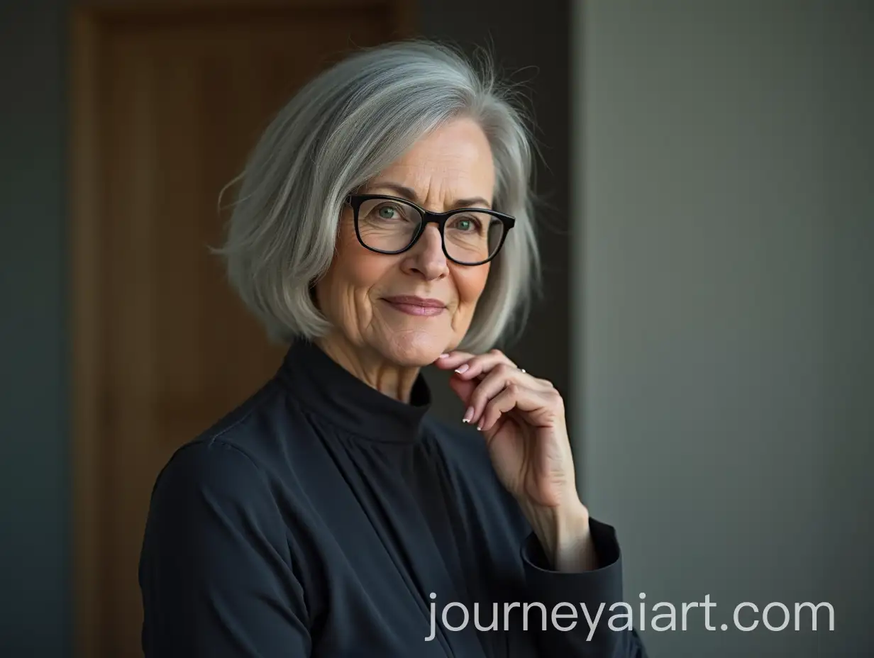 Portrait-of-a-68YearOld-Woman-with-Gray-Bobbed-Hair-in-a-Dress-Wearing-Glasses-and-a-Subtle-Smile